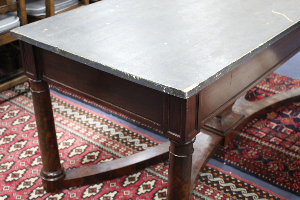 A French mahogany centre table, with simulated marble painted pine top, W.187cm D.80cm H.76cm